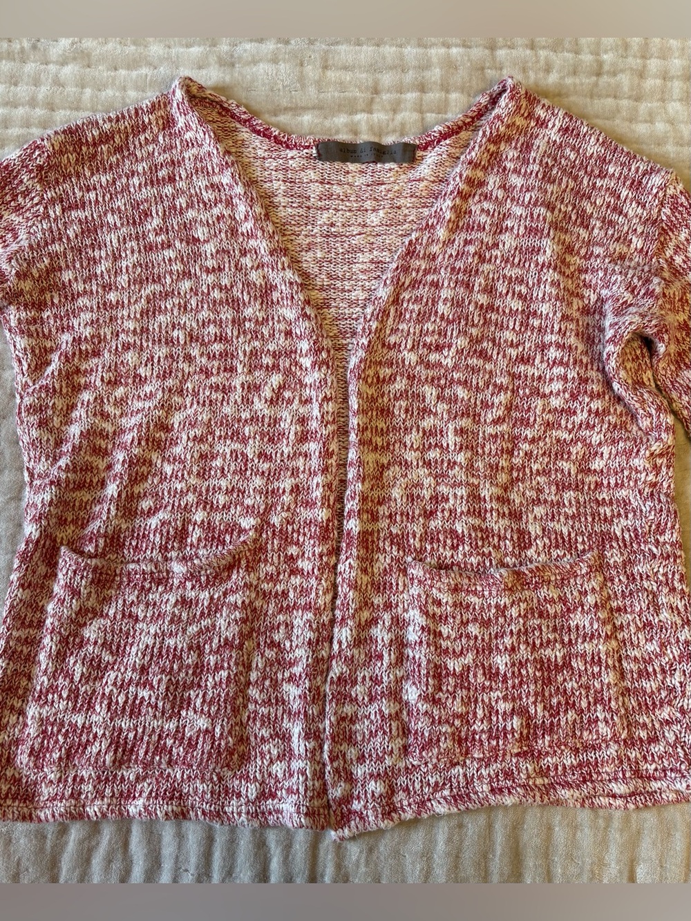 Album di Famiglia Cardigan ML Melange Cotton Blend Rosso White Boxy Open Sweater - Picture 4 of 14